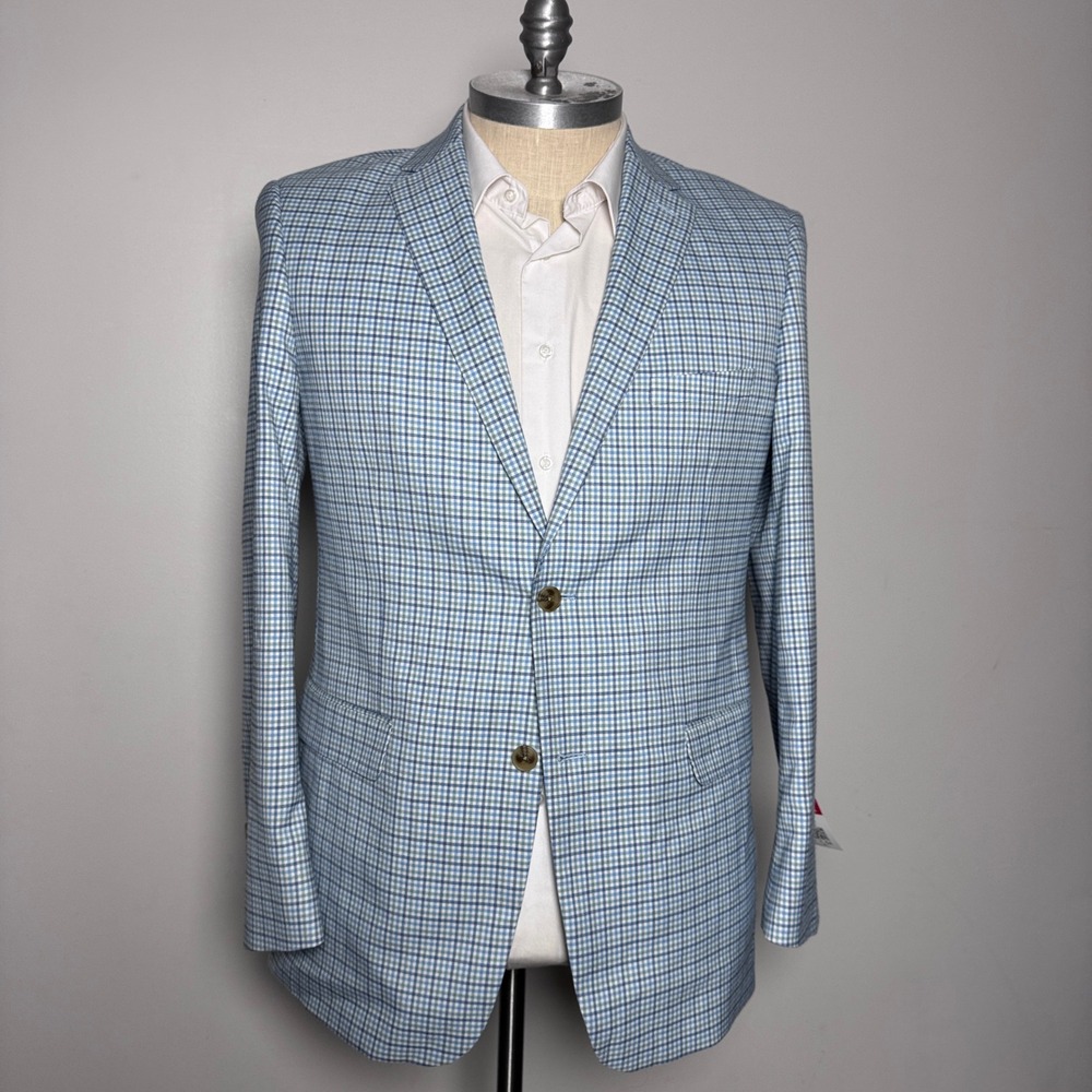 Crown & Ivy Blazer Mens 44L Blue Plaid Stretch Two Button Notch Lapel Sport Coat